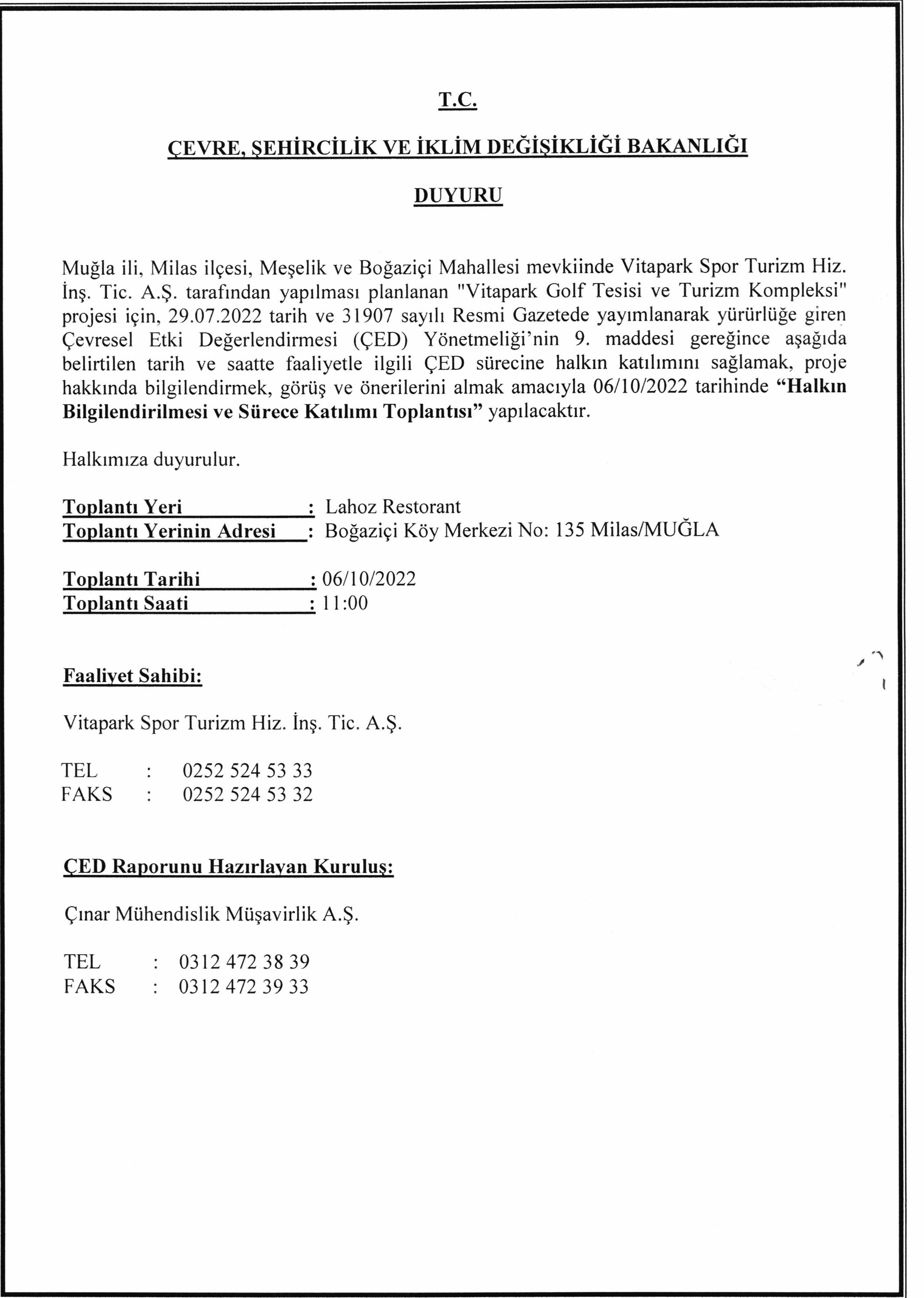 ÇEVRE ŞEHİRCİLİK VE İKLİM DEĞİŞİKLİĞİ BAKANLIĞI DUYURUSU 